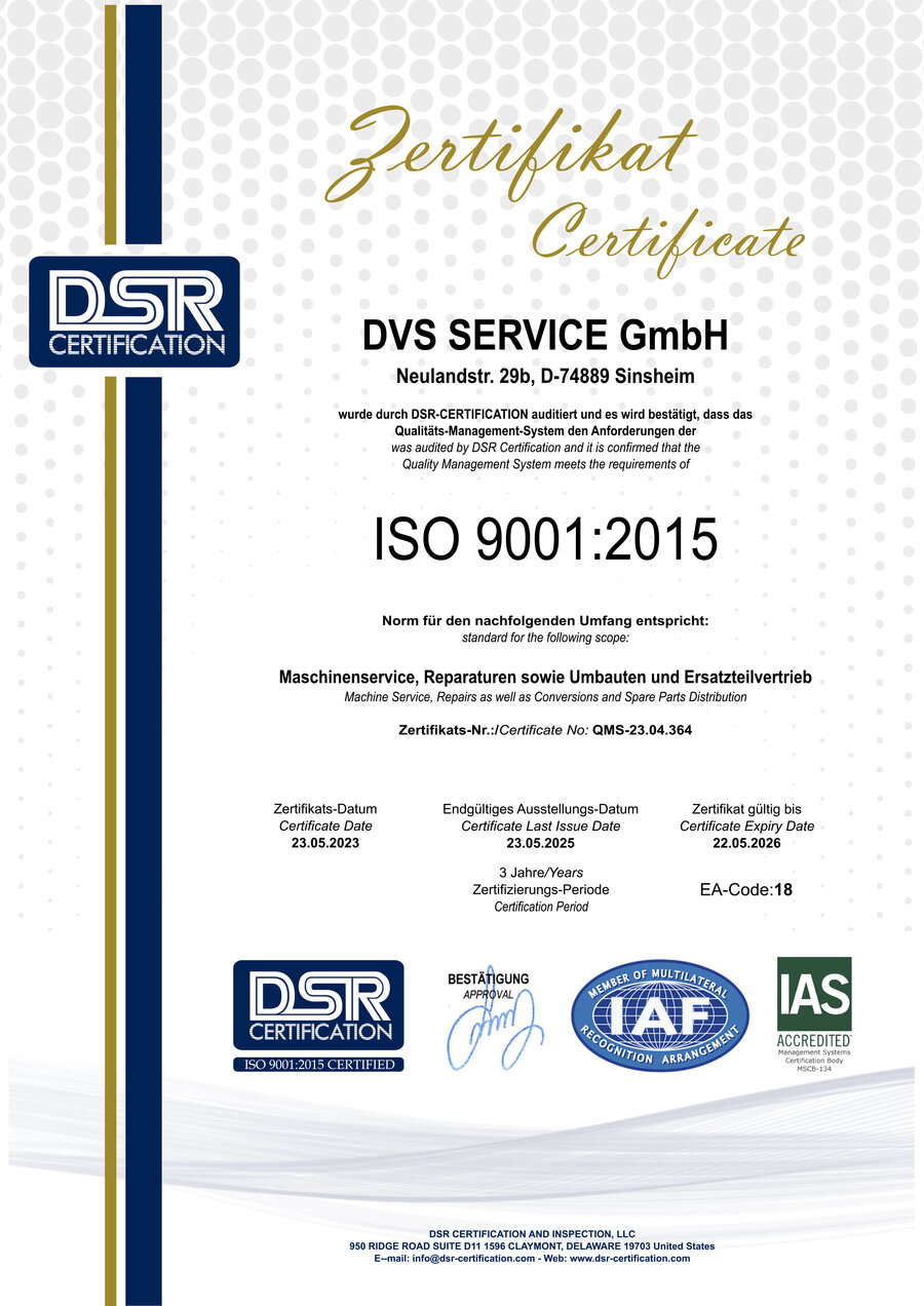 DVS Service is certified according to ISO 9001:2015 DVS Service is certified according to ISO 9001:2015