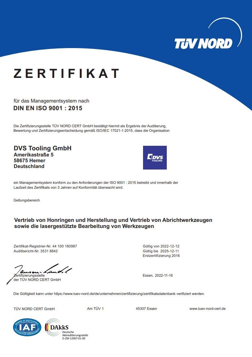 Zertifiziert nach ISO 9001:2015 DVS Tooling ist zertifiziert nach DIN EN ISO 9001
